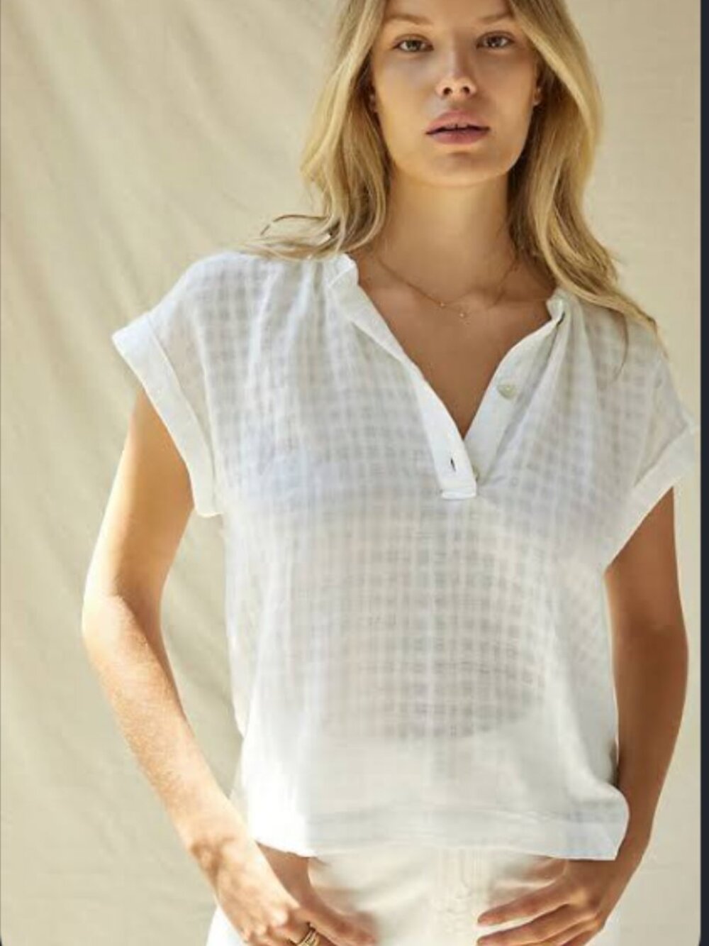 Cloth & Stone Cap-Sleeve Gingham Henley Popover Blouse Size Small